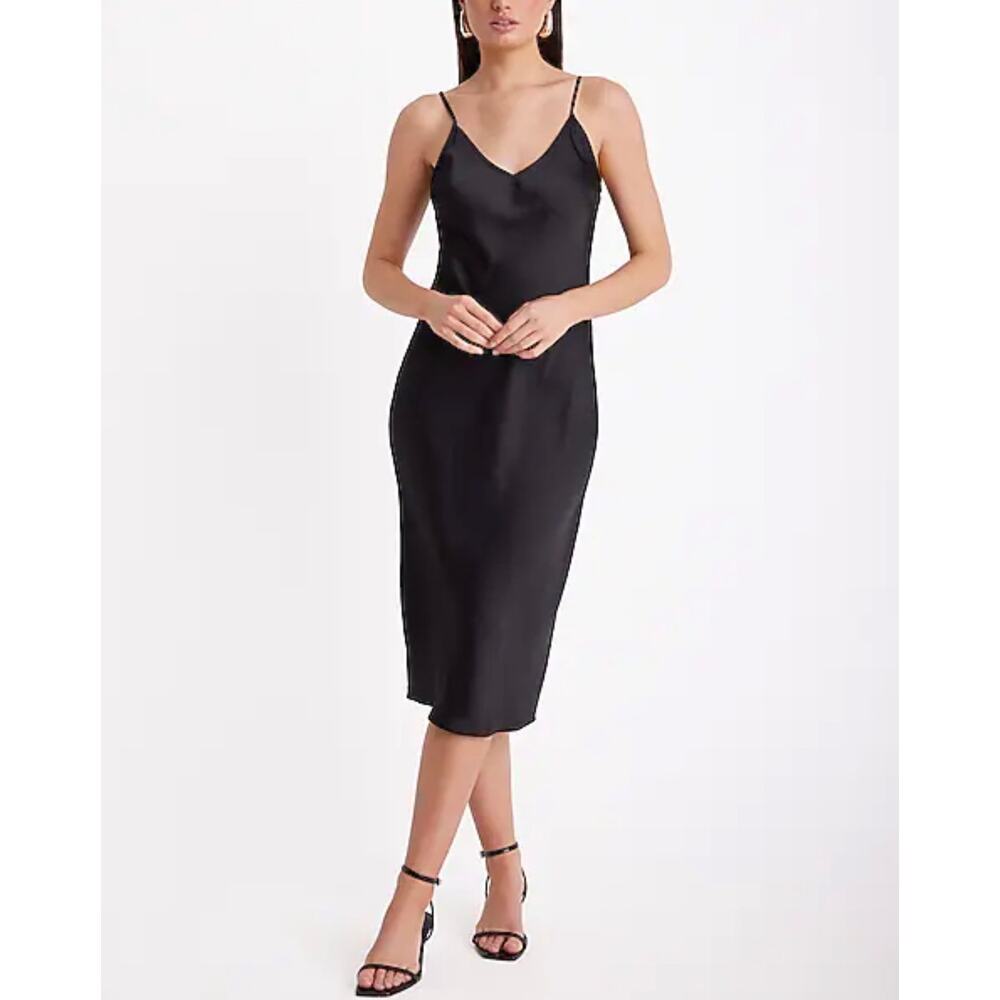 Express Satin V-Neck Downtown Cami Midi Slip Dress Black Medium Minimalist